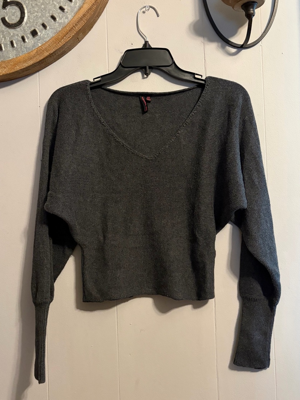 Material Girl Dark Charcoal V-Neck Sweater Cropped Dolman Sleeve